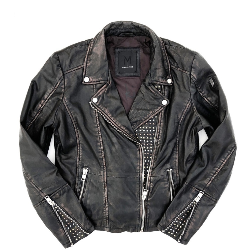 Mauritius Neni Ladies Studded
Leather Moto Jacket Metallic